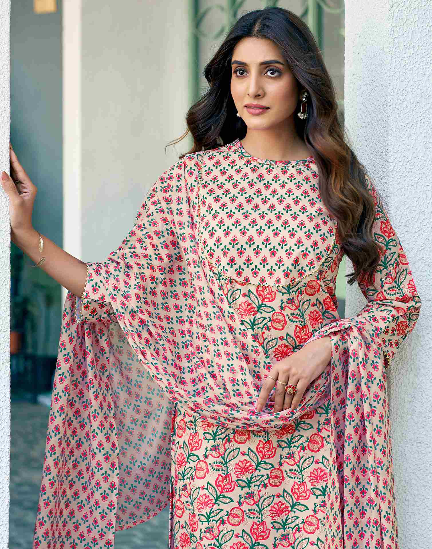 Light Rose Pink Printed Rayon Straight Kurta Set With Dupatta