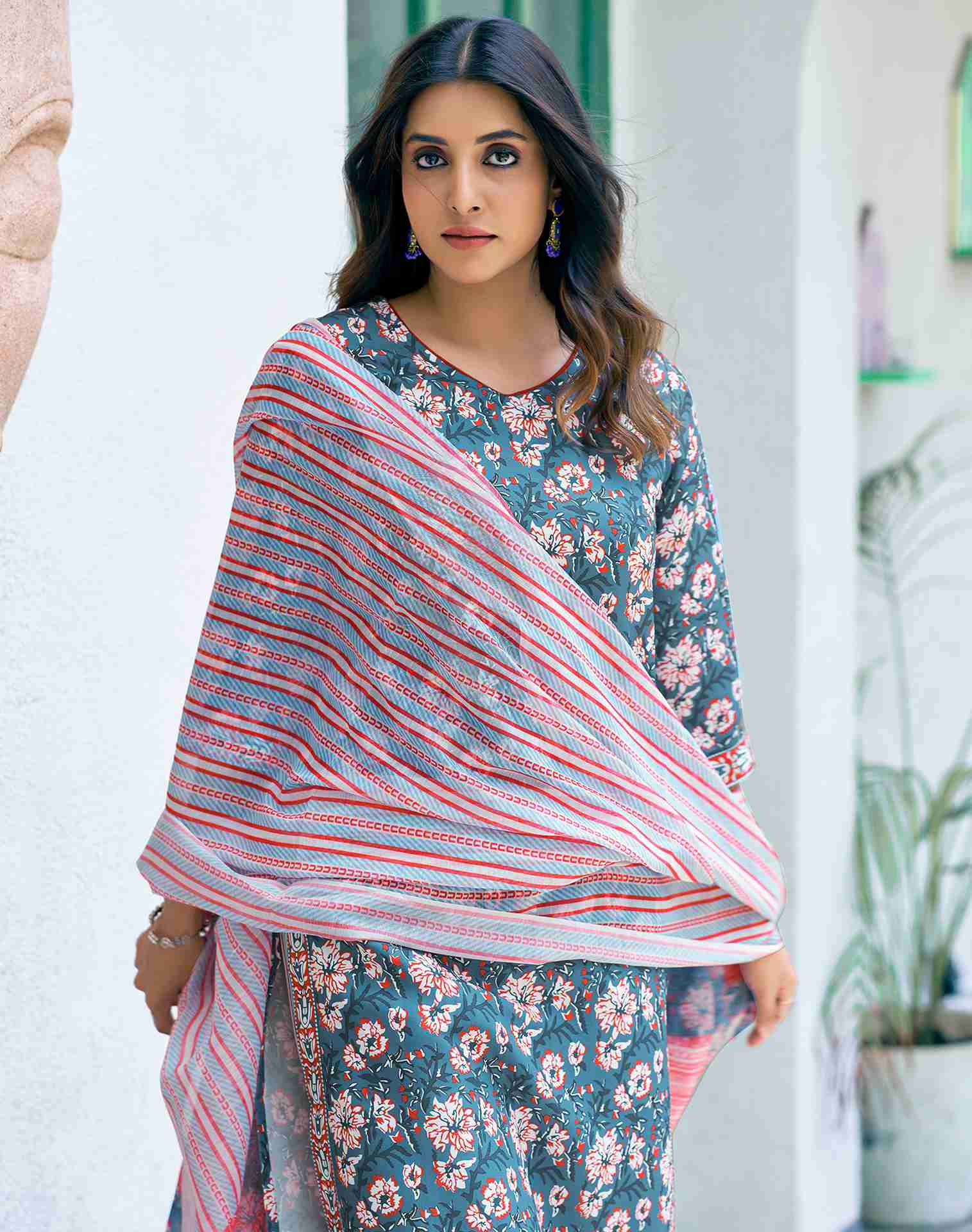 Teal Rayon Printed Kurta Set With Dupatta