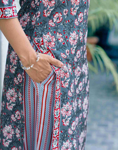 Teal Rayon Printed Kurta Set With Dupatta