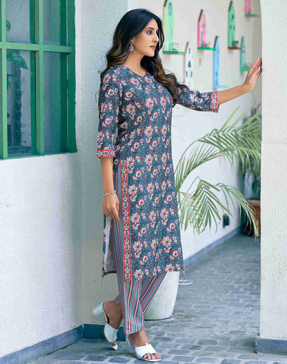 Teal Rayon Printed Kurta Set With Dupatta