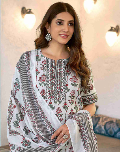 White Cotton Printed Kurta Set With Dupatta