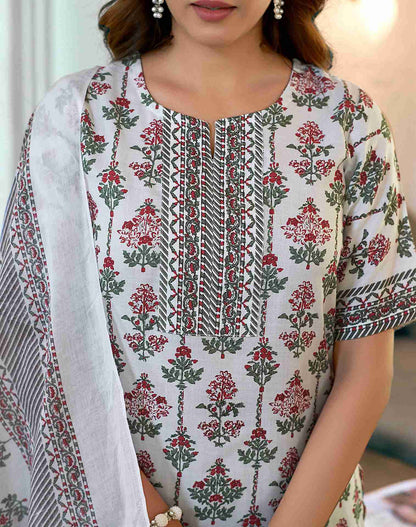 White Cotton Printed Kurta Set With Dupatta