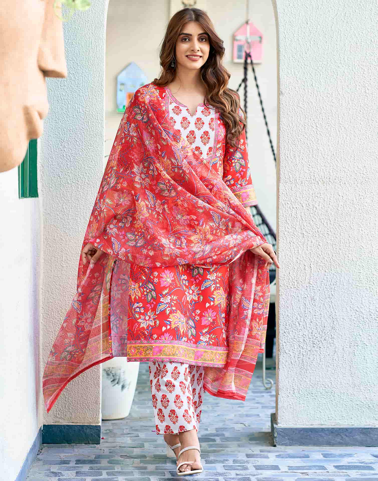 Red Printed Rayon Straight Kurta With Pant And Dupatta