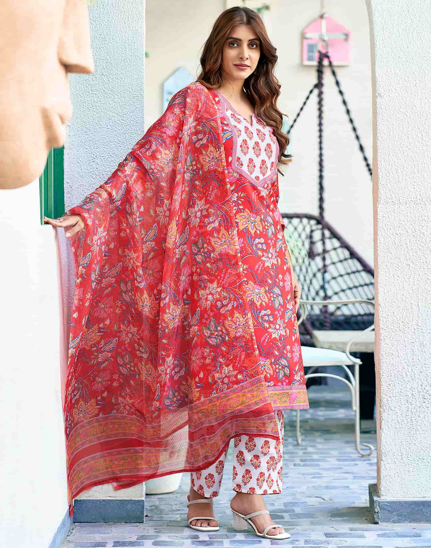 Red Printed Rayon Straight Kurta With Pant And Dupatta