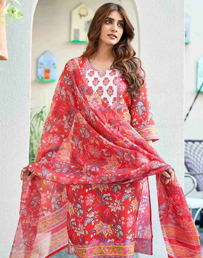 Red Printed Rayon Straight Kurta With Pant And Dupatta