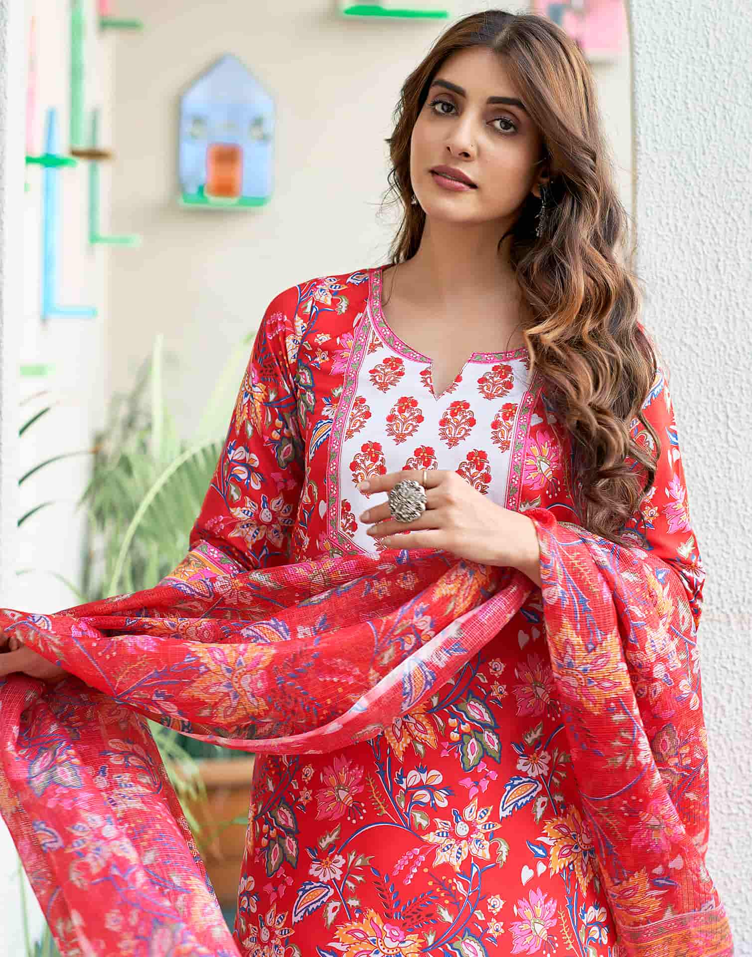 Red Printed Rayon Straight Kurta With Pant And Dupatta