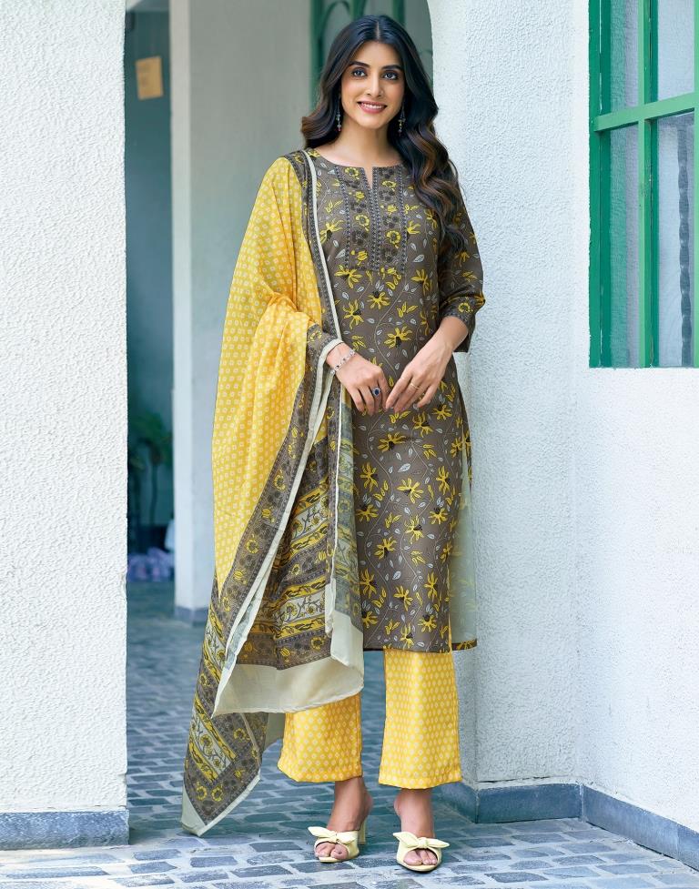 Brown Rayon Printed Kurta Set With Dupatta