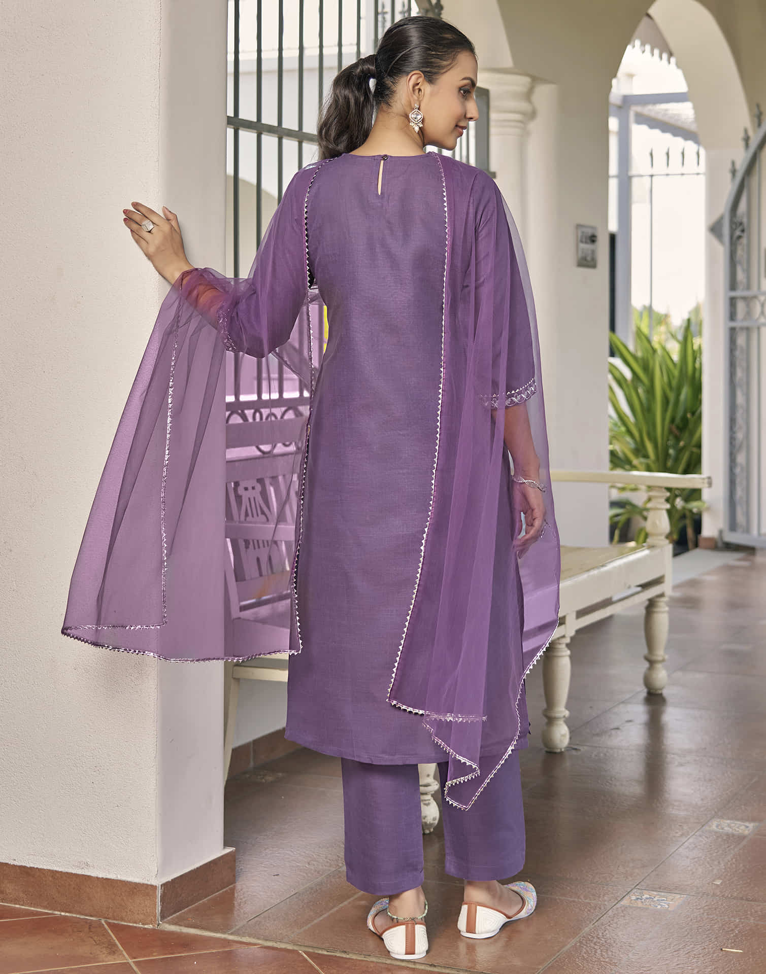 Dark Lavender Embroidery Cotton Straight Kurta With Pant And Dupatta