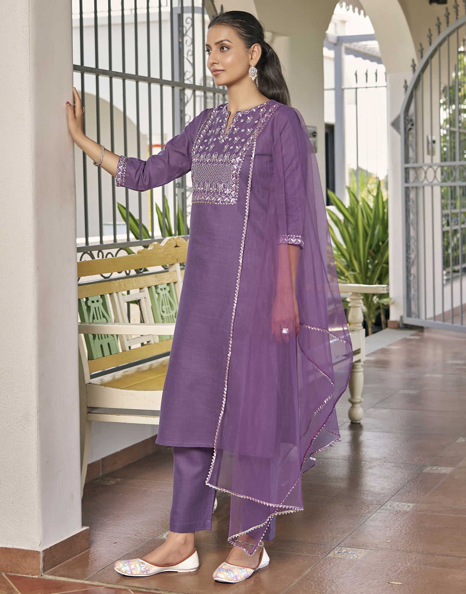 Dark Lavender Embroidery Cotton Straight Kurta With Pant And Dupatta