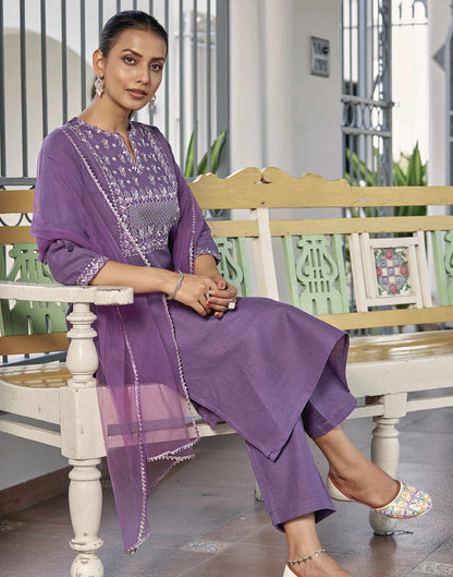 Dark Lavender Embroidery Cotton Straight Kurta With Pant And Dupatta