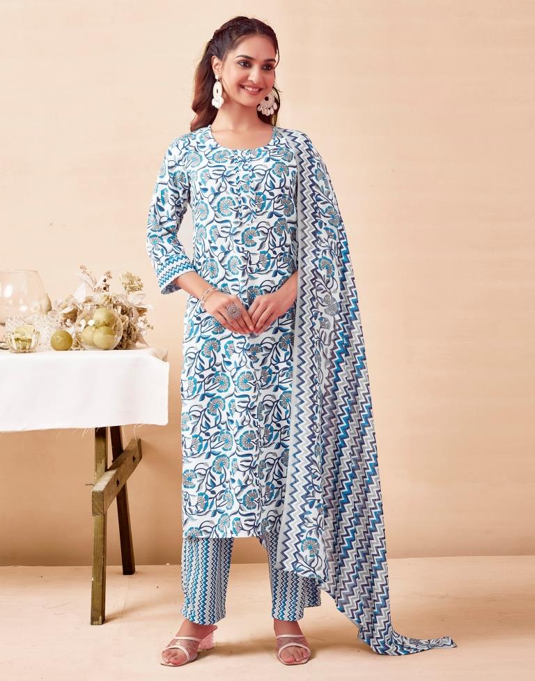 Blue Rayon Printed Kurta Set With Dupatta