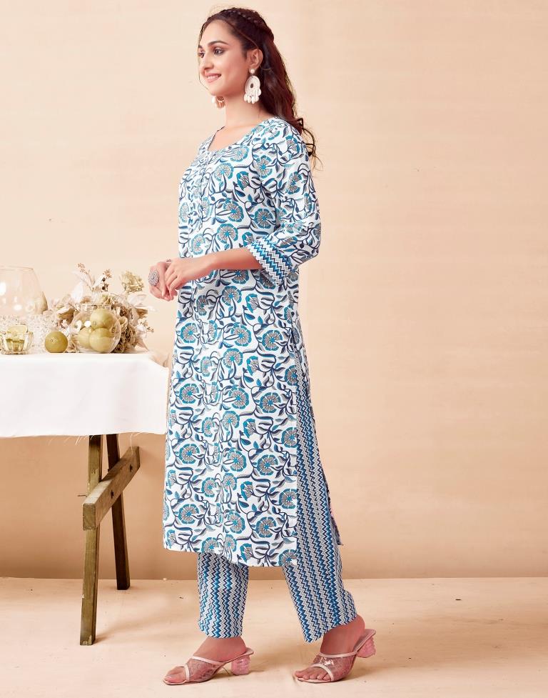 Blue Rayon Printed Kurta Set With Dupatta