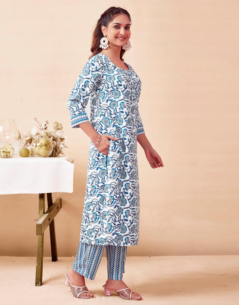 Blue Rayon Printed Kurta Set With Dupatta