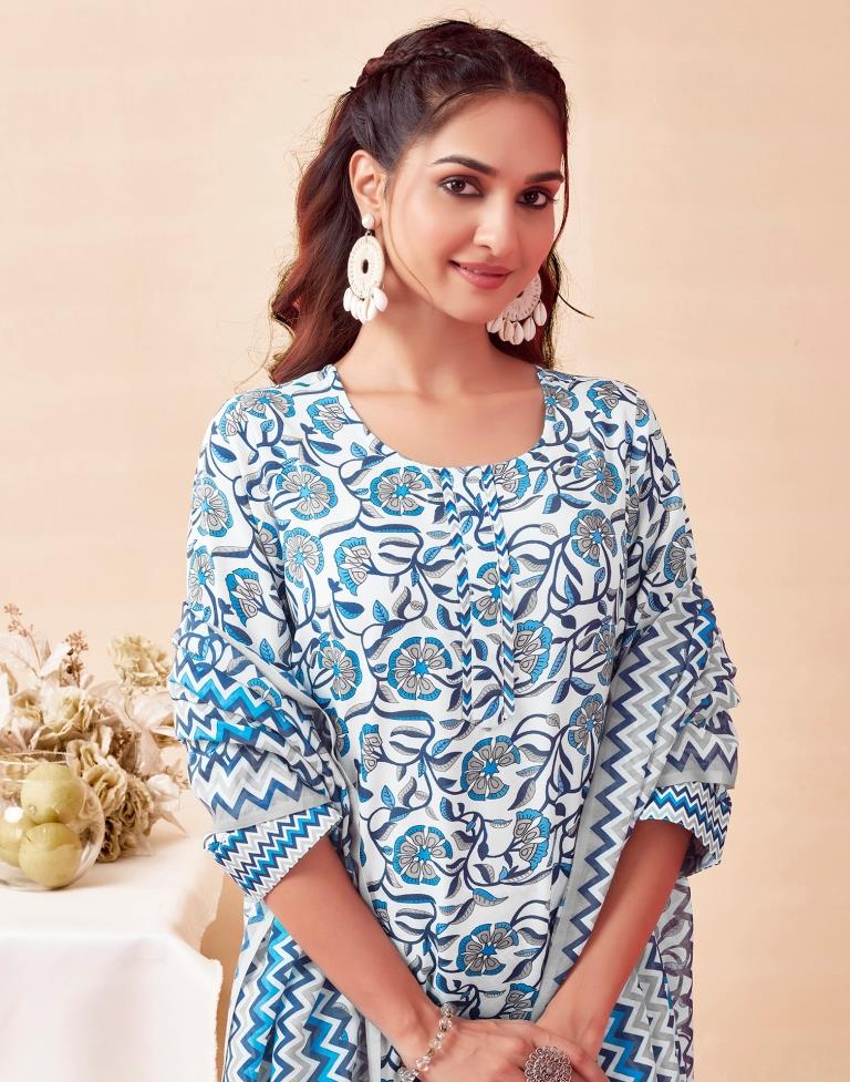 Blue Rayon Printed Kurta Set With Dupatta