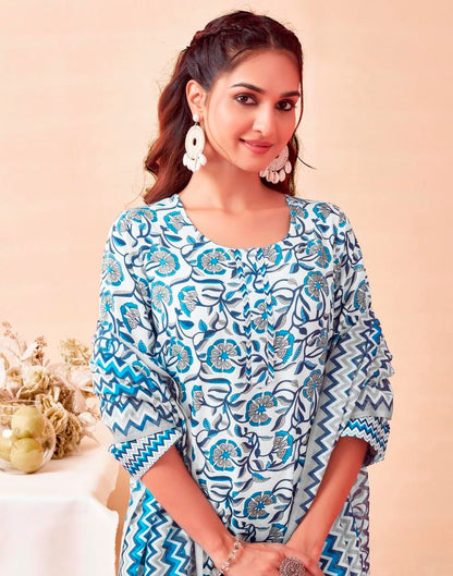 Blue Rayon Printed Kurta Set With Dupatta