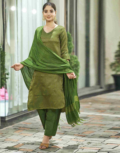 Green Woven Silk Straight Kurta Set With Dupatta