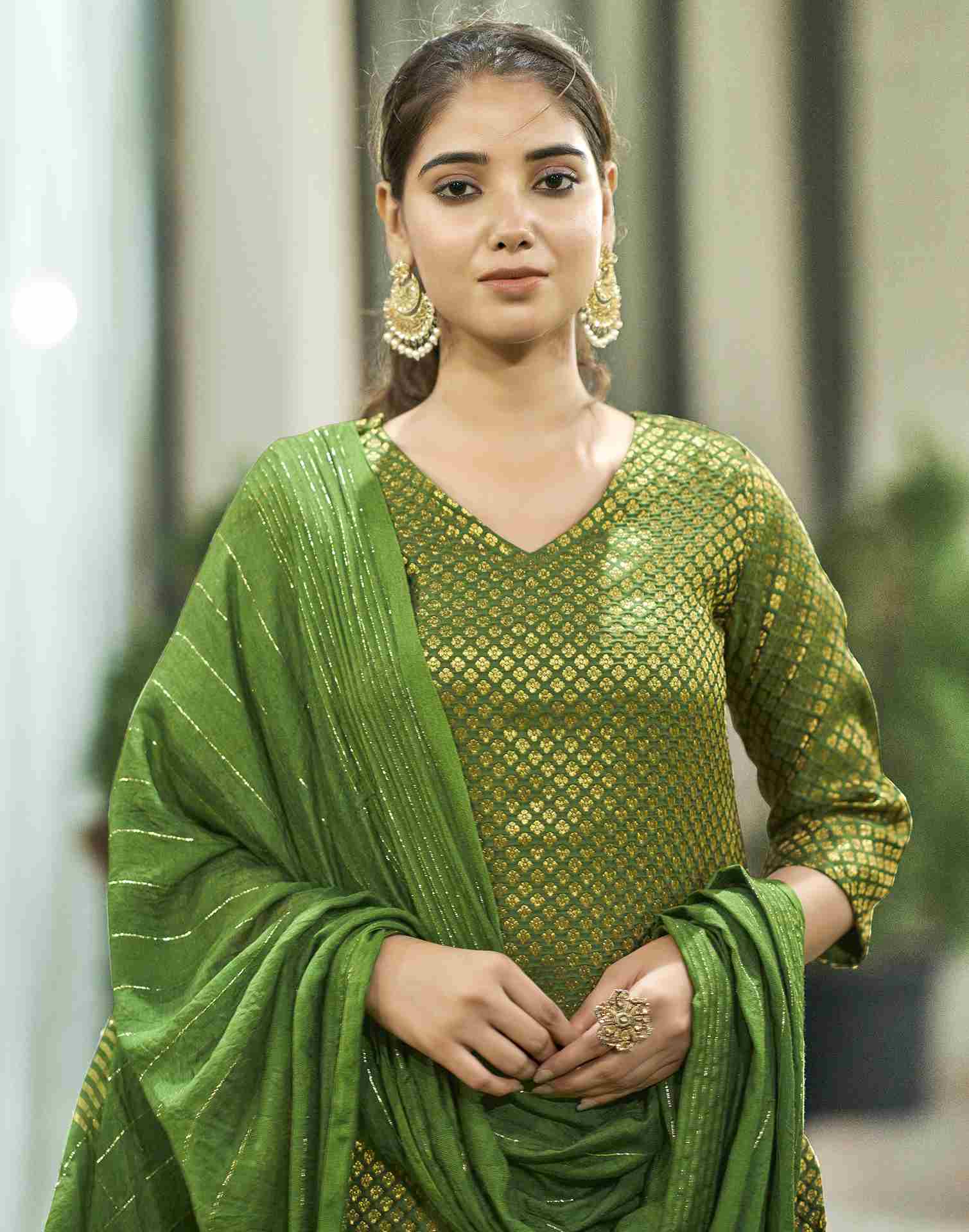 Green Woven Silk Straight Kurta Set With Dupatta