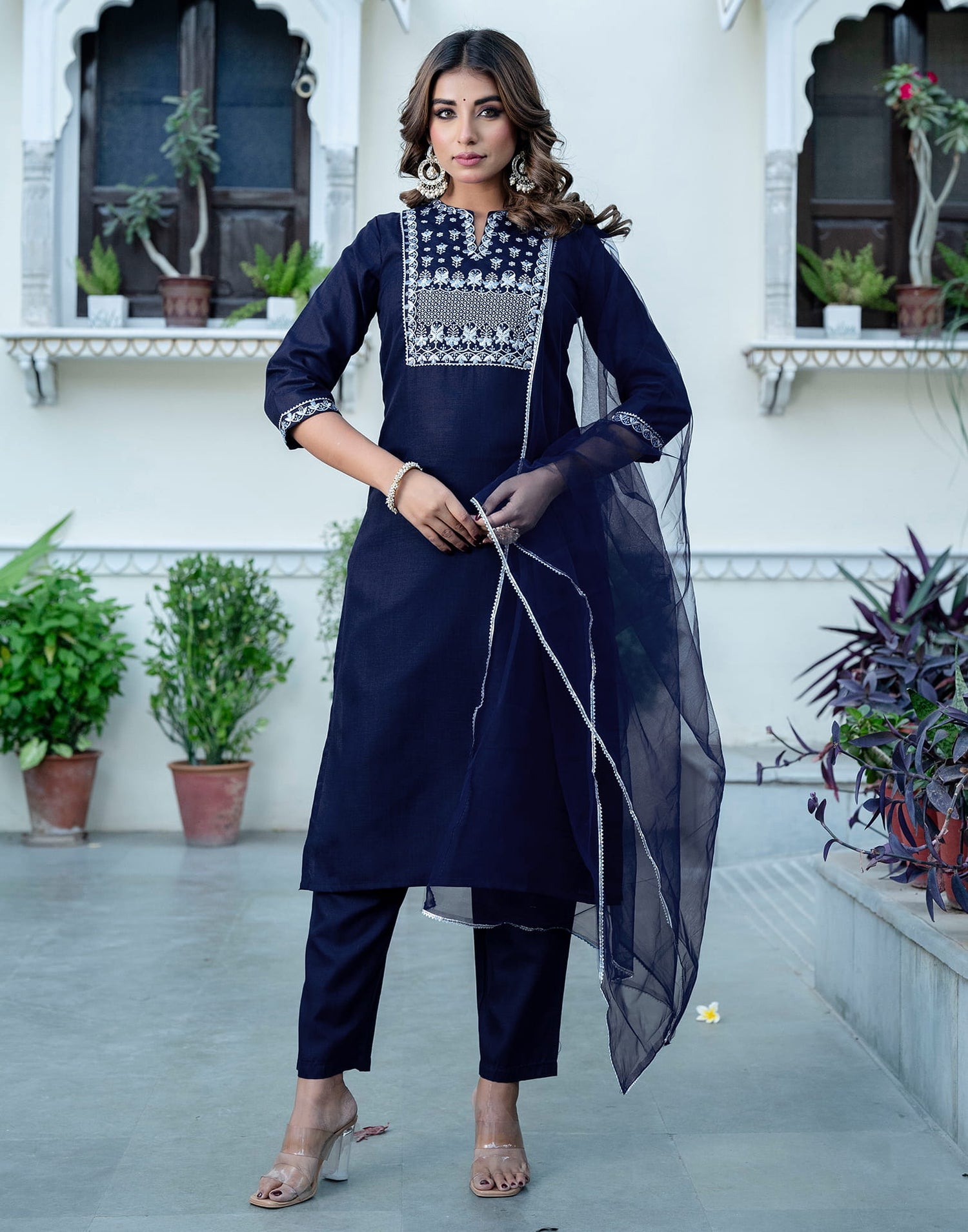 Navy Blue Cotton Embroidery Straight Kurta Set With Dupatta