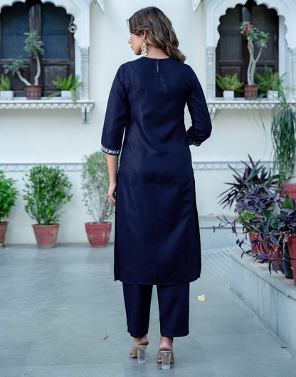 Navy Blue Cotton Embroidery Straight Kurta Set With Dupatta