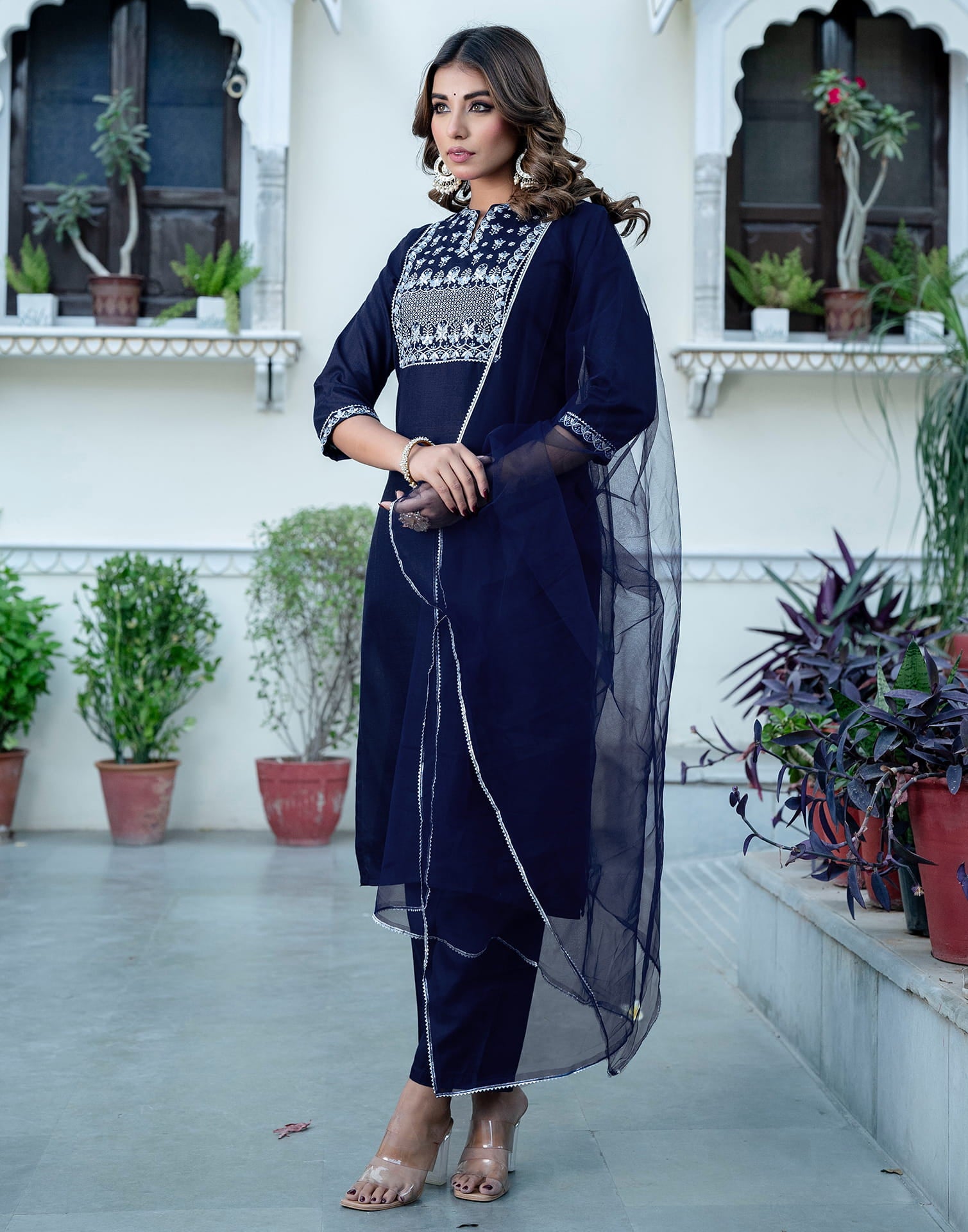 Navy Blue Cotton Embroidery Straight Kurta Set With Dupatta