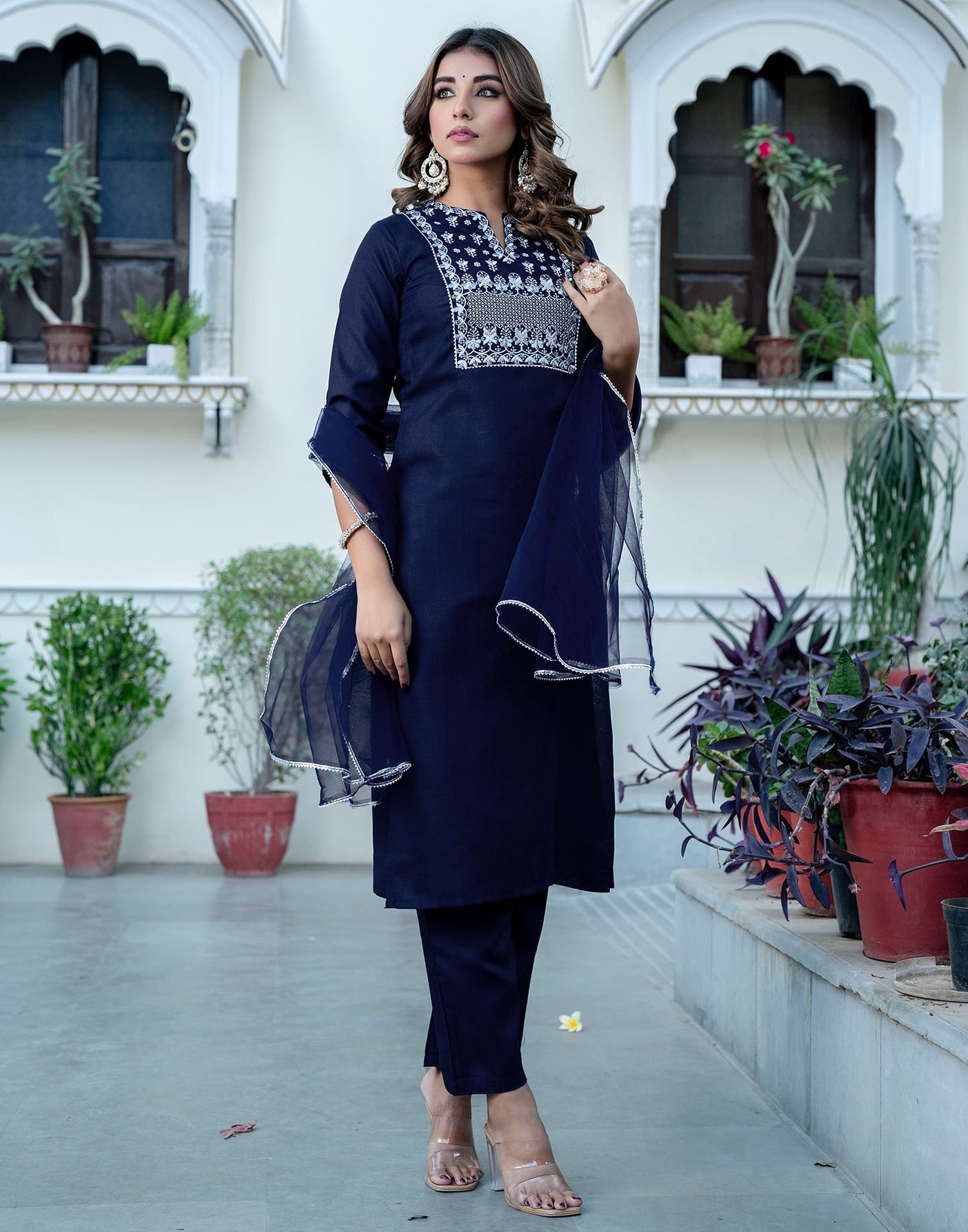 Navy Blue Cotton Embroidery Straight Kurta Set With Dupatta