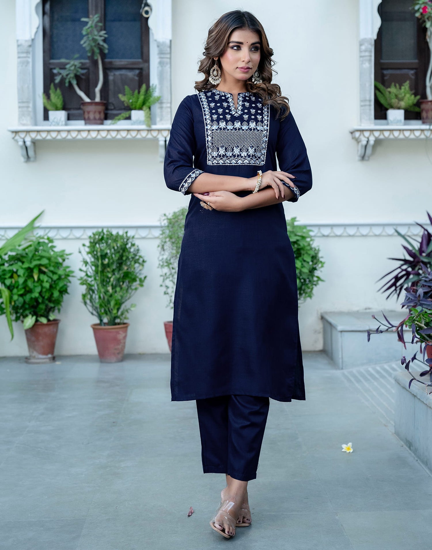 Navy Blue Cotton Embroidery Straight Kurta Set With Dupatta