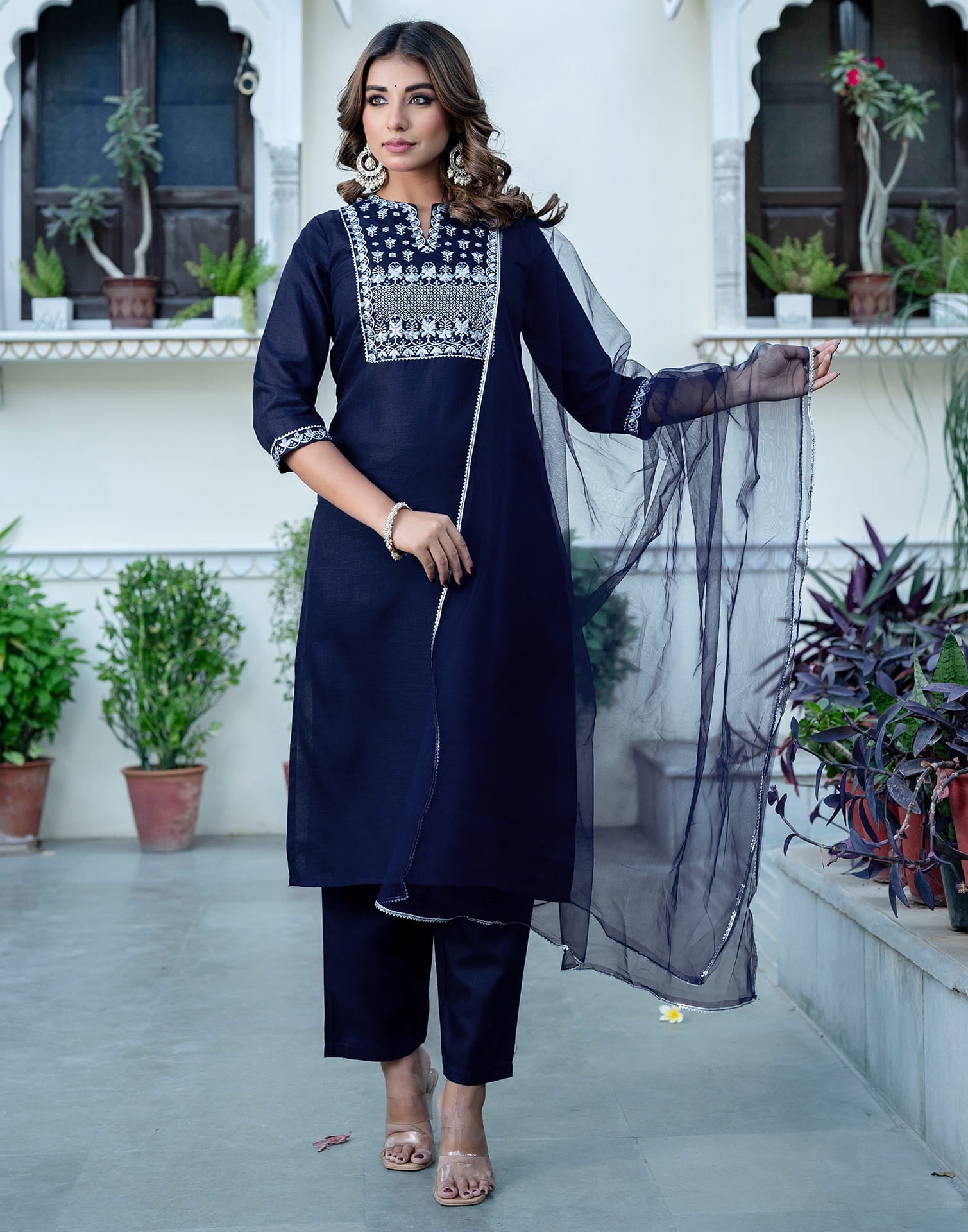 Navy Blue Cotton Embroidery Straight Kurta Set With Dupatta