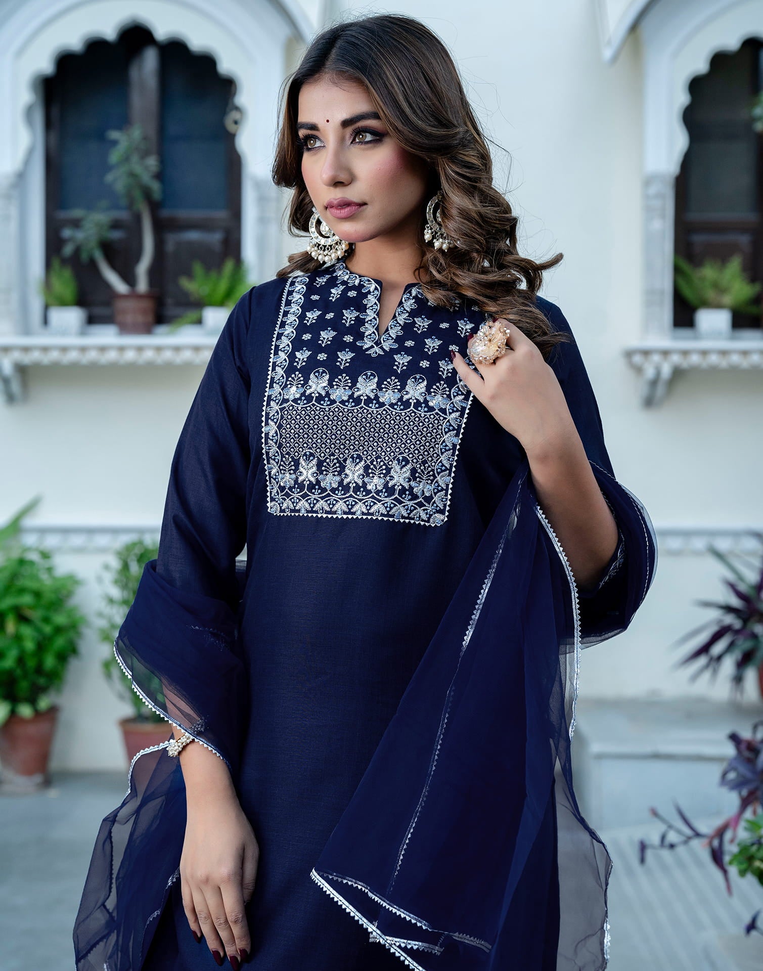 Navy Blue Cotton Embroidery Straight Kurta Set With Dupatta