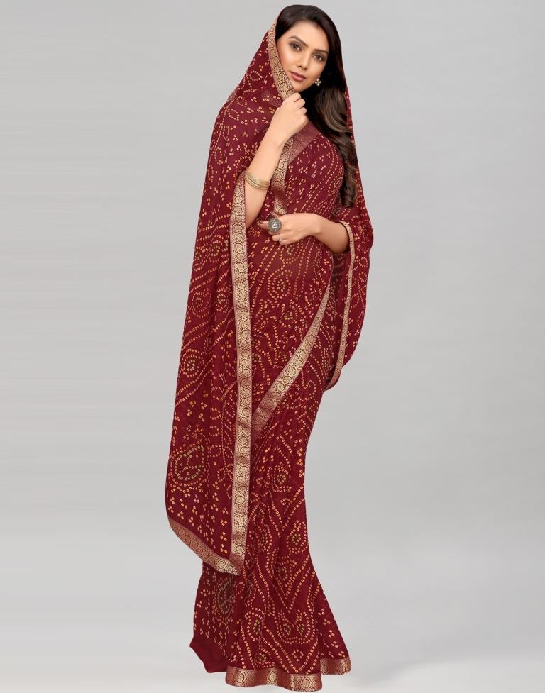 Maroon Bandhani Printed Saree | Sudathi