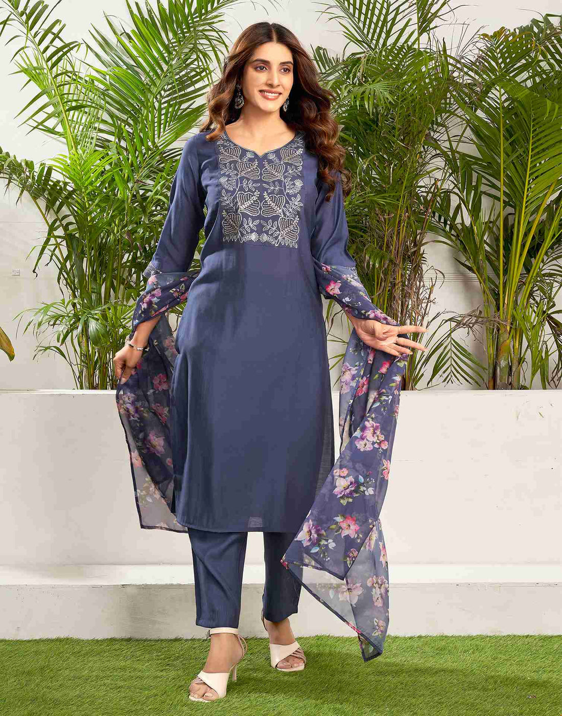 Ultra Violet Silk Embroidery Straight Kurta Set With Dupatta