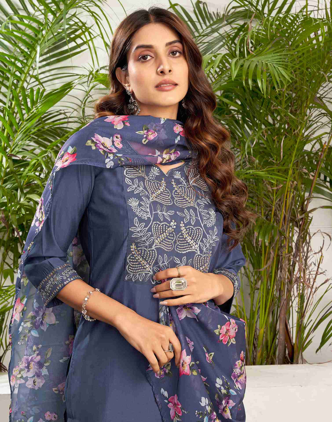 Ultra Violet Silk Embroidery Straight Kurta Set With Dupatta