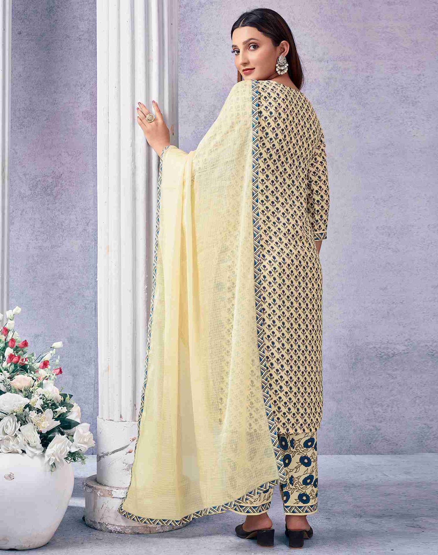 White Rayon Printed Kurta Set With Dupatta