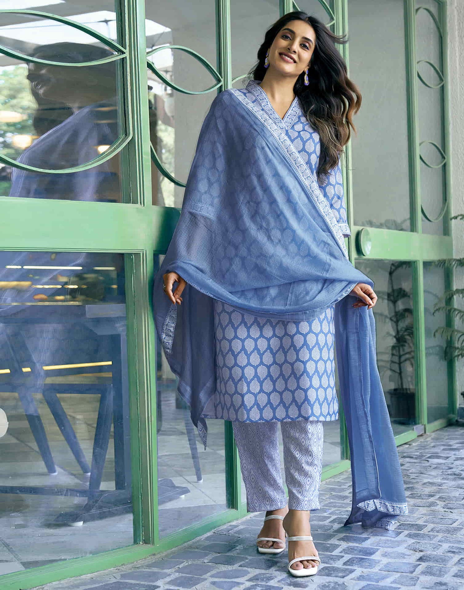 Blue Printed Rayon Straight Kurta With Pant And Dupatta