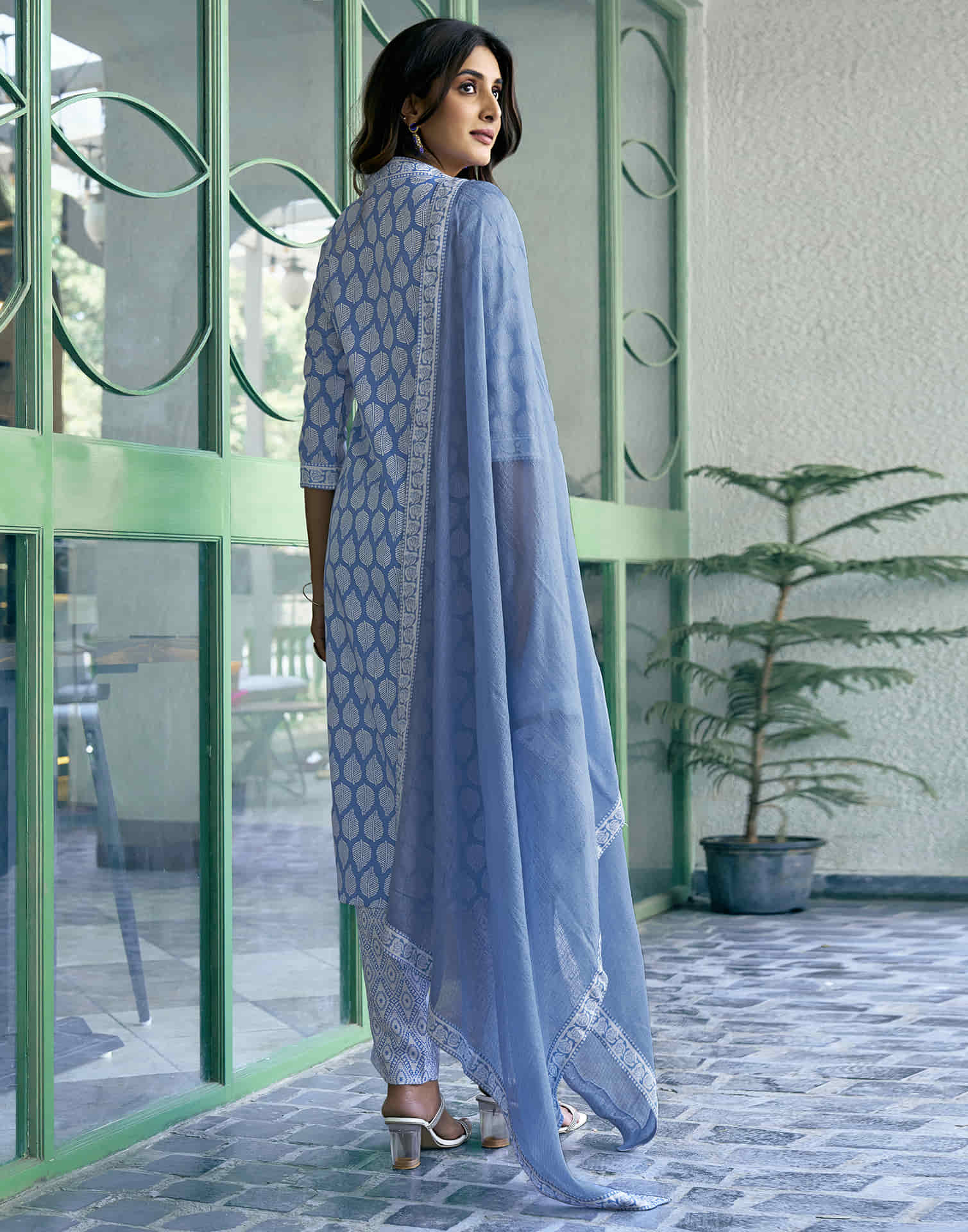 Blue Printed Rayon Straight Kurta With Pant And Dupatta