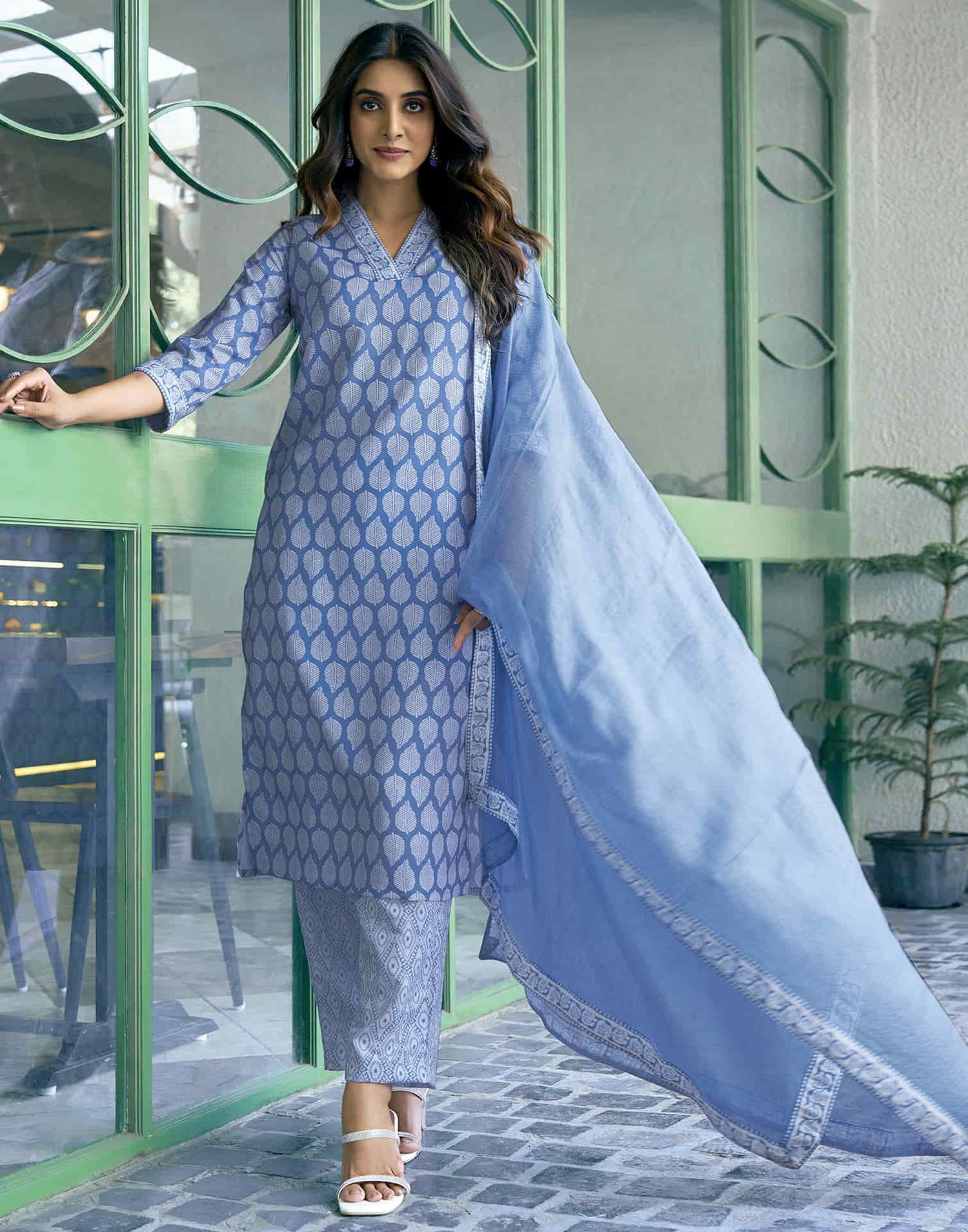 Blue Printed Rayon Straight Kurta With Pant And Dupatta