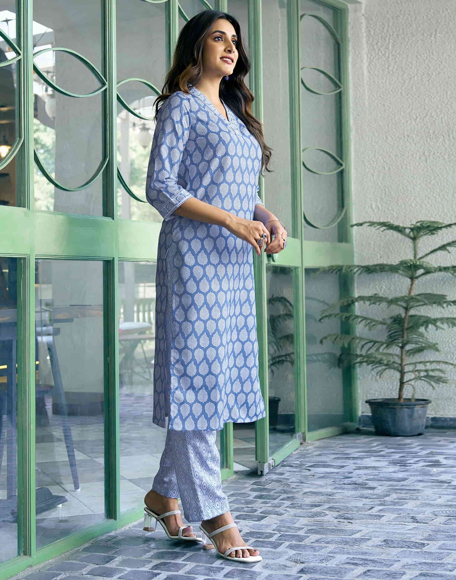 Blue Printed Rayon Straight Kurta With Pant And Dupatta