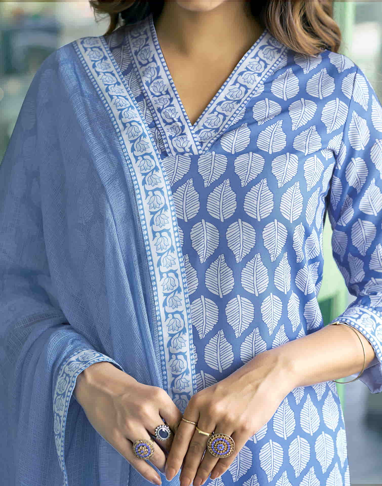 Blue Printed Rayon Straight Kurta With Pant And Dupatta