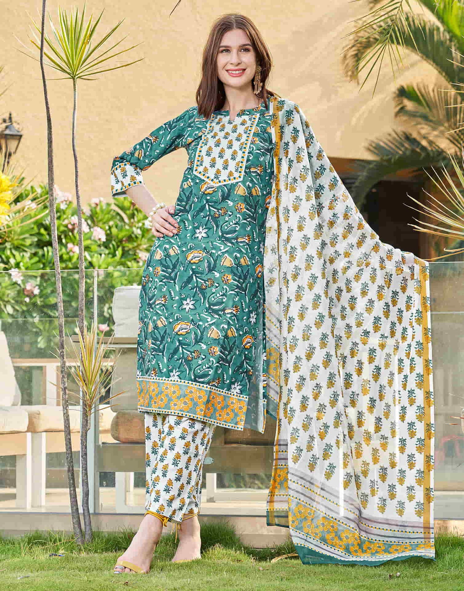 Dusty Green Printed Rayon Straight Kurta With Pant And Dupatta