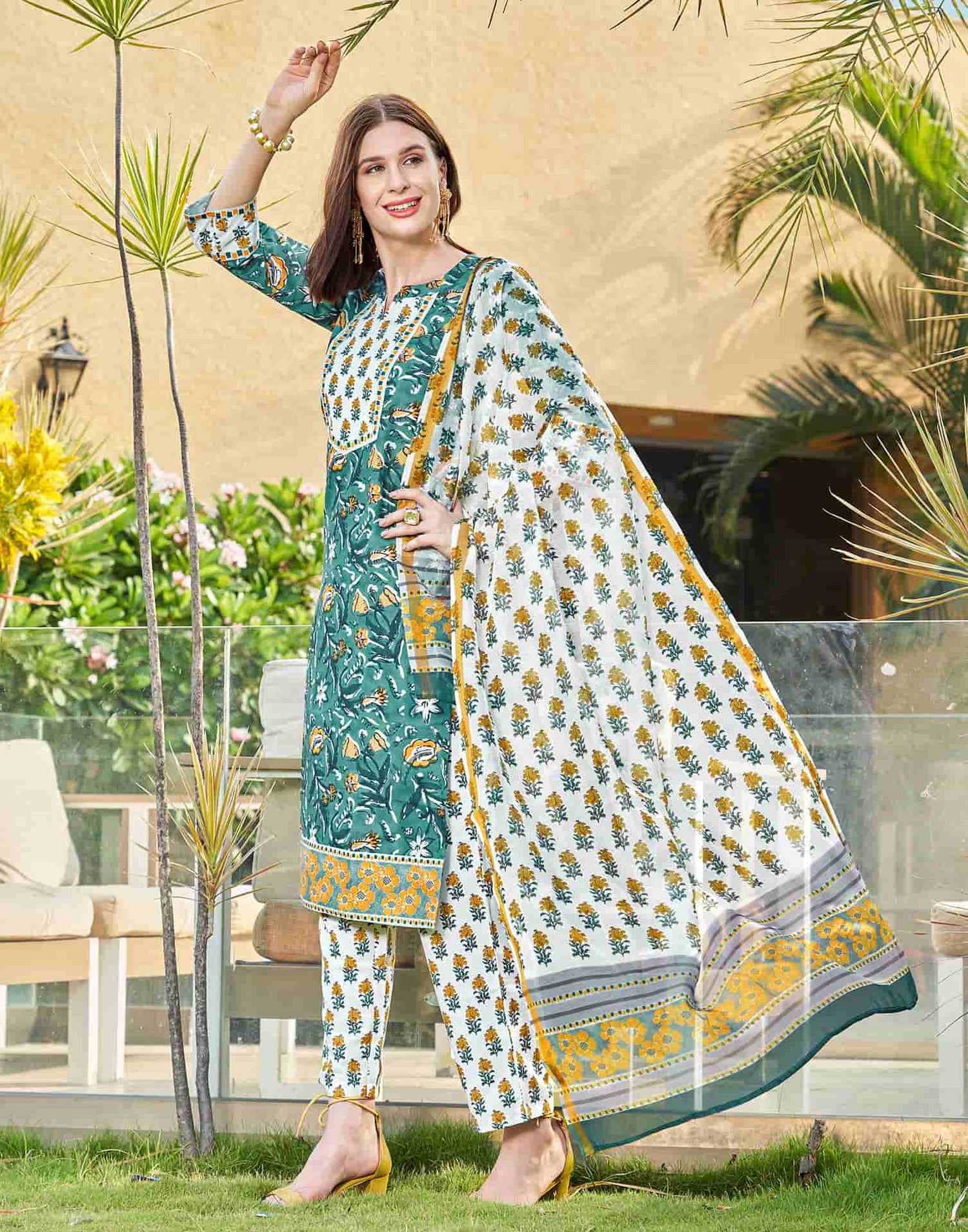 Dusty Green Printed Rayon Straight Kurta With Pant And Dupatta