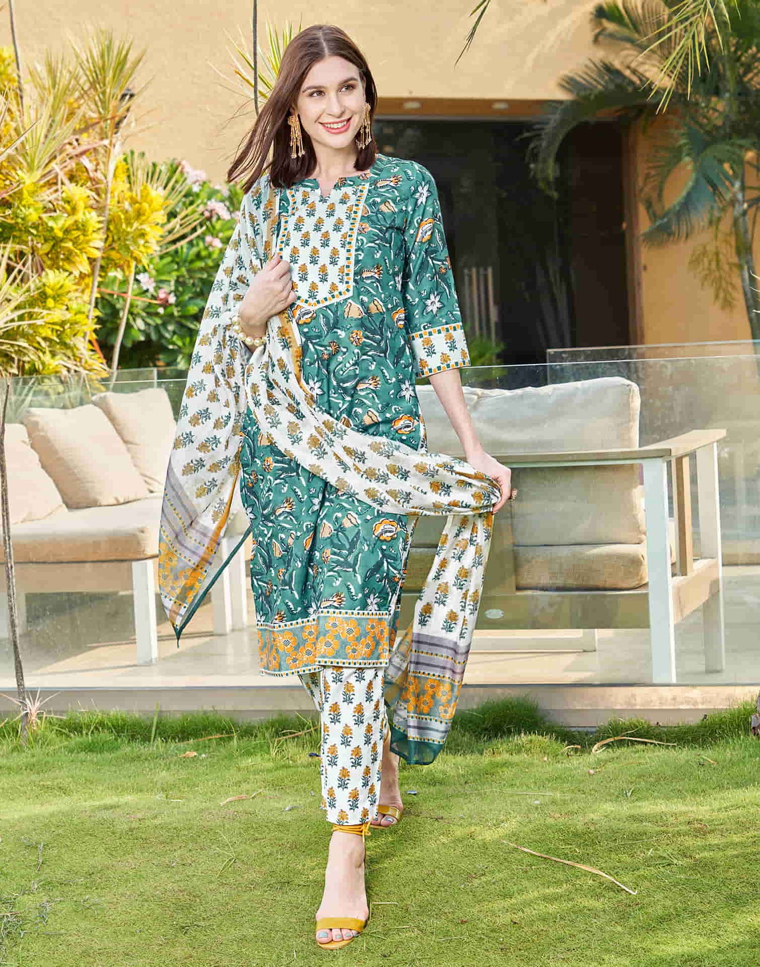 Dusty Green Printed Rayon Straight Kurta With Pant And Dupatta