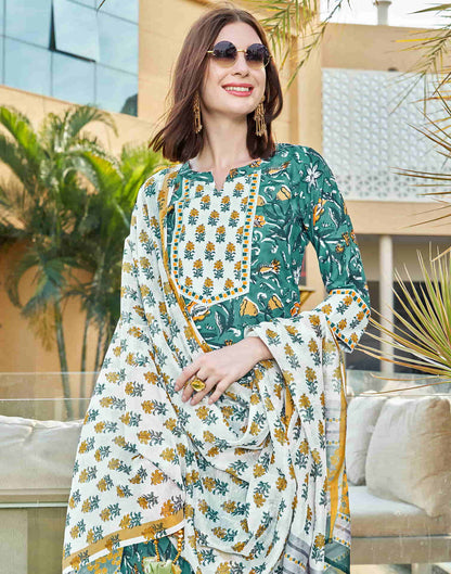 Dusty Green Printed Rayon Straight Kurta With Pant And Dupatta