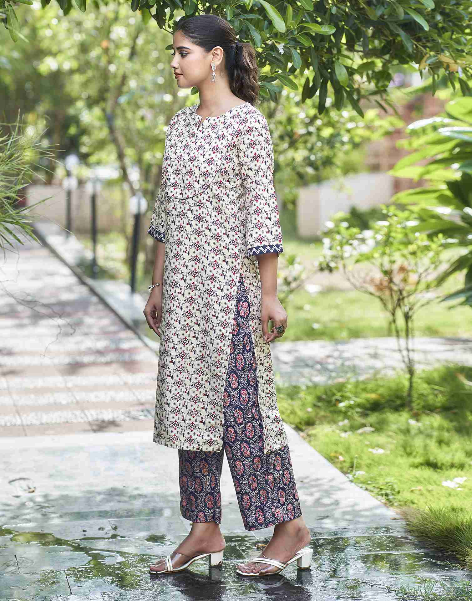 Beige Printed Rayon Straight Kurta Set With Dupatta