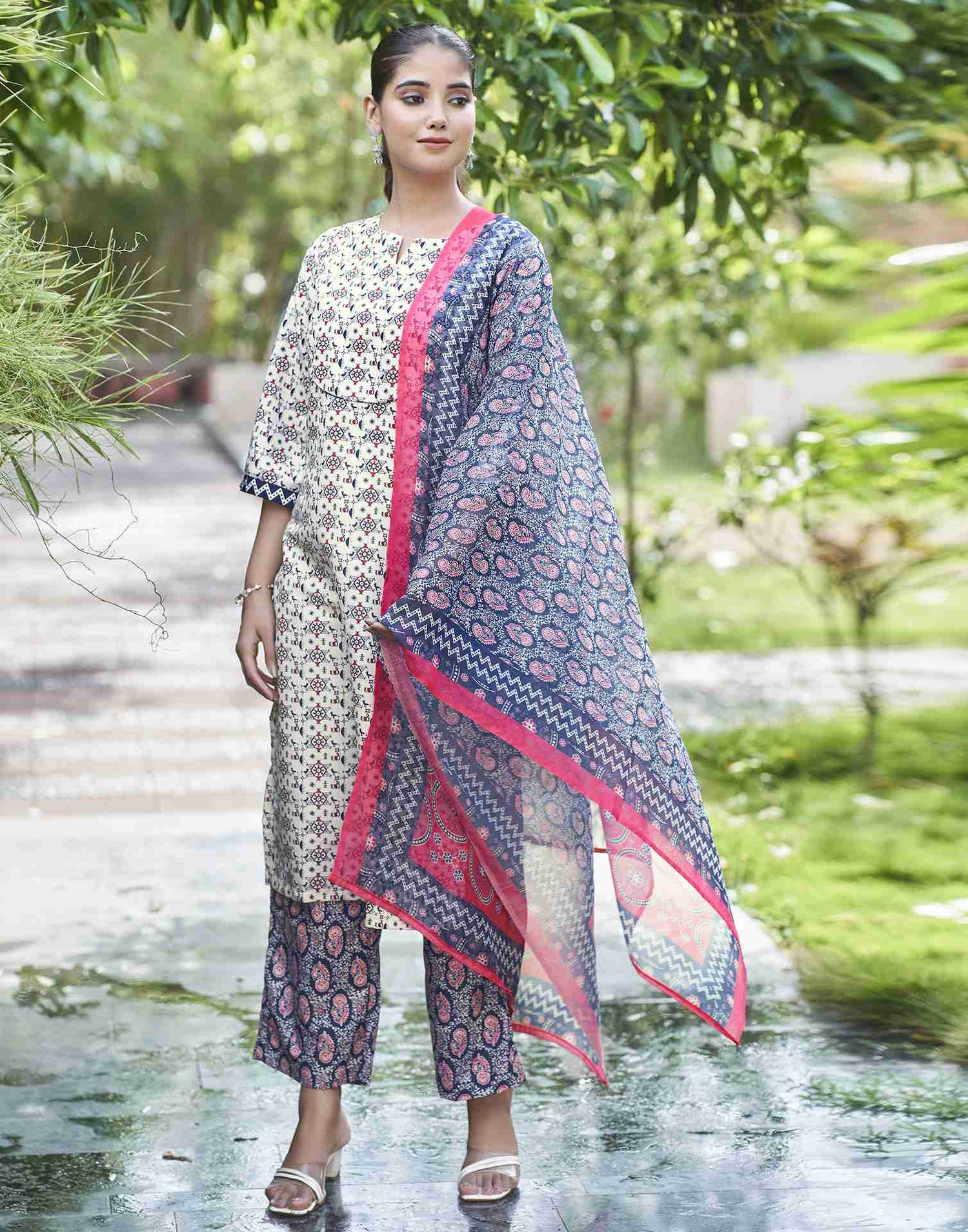 Beige Printed Rayon Straight Kurta Set With Dupatta