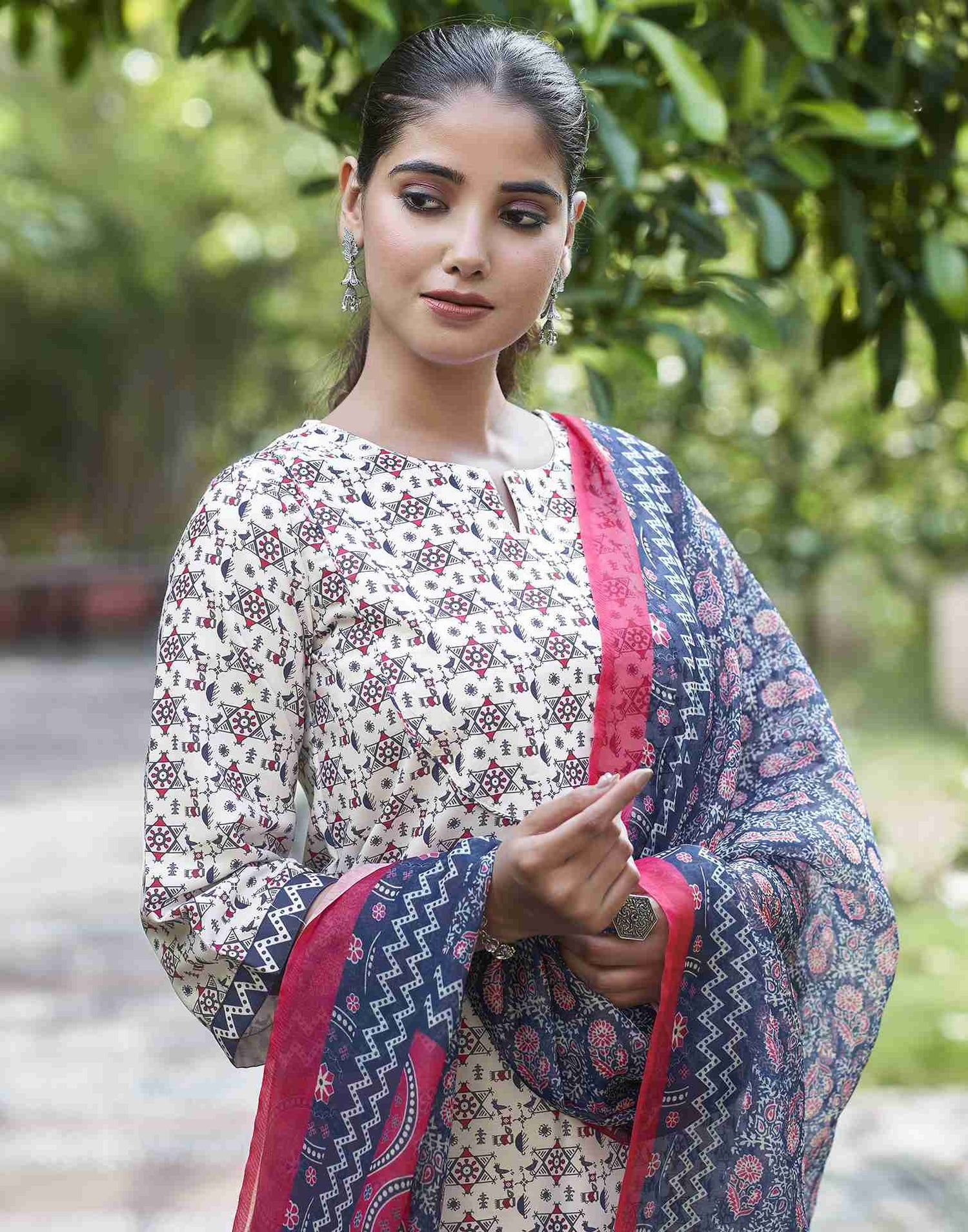 Beige Printed Rayon Straight Kurta Set With Dupatta