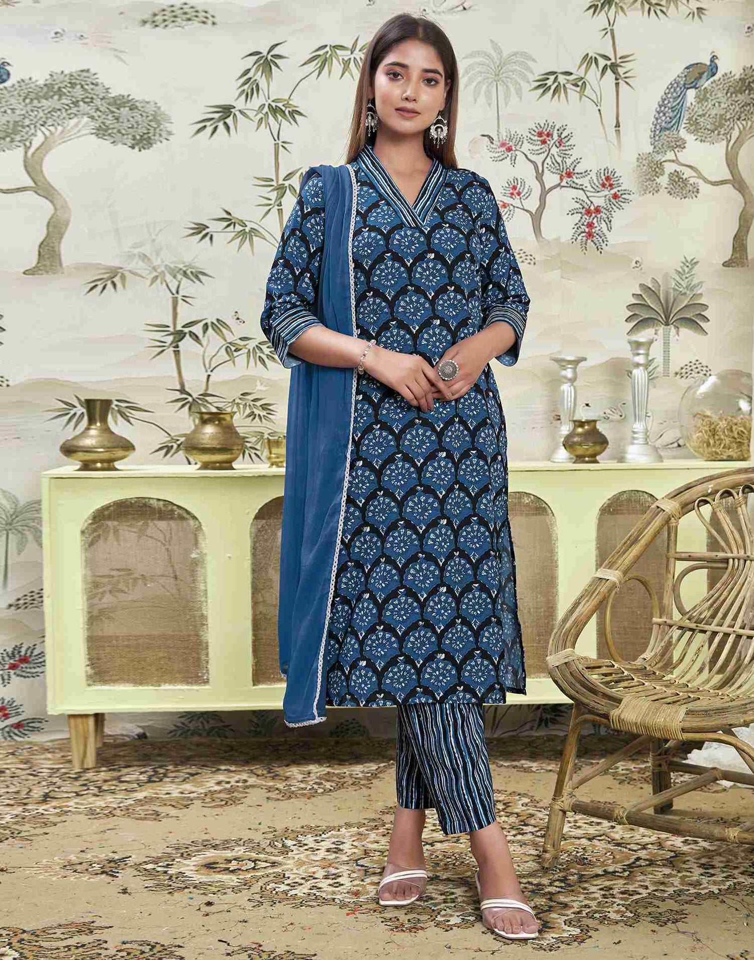 Dark Blue Printed Rayon Straight Kurta Set With Dupatta