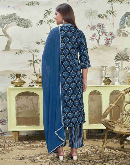 Dark Blue Printed Rayon Straight Kurta Set With Dupatta