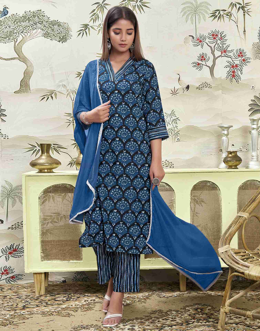 Dark Blue Printed Rayon Straight Kurta Set With Dupatta