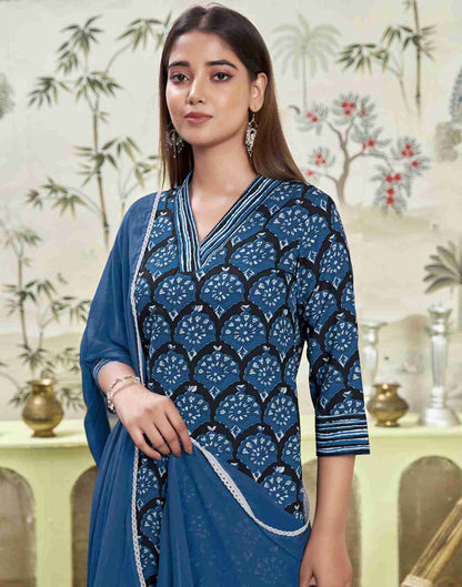 Dark Blue Printed Rayon Straight Kurta Set With Dupatta