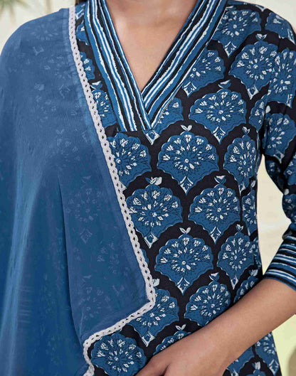 Dark Blue Printed Rayon Straight Kurta Set With Dupatta