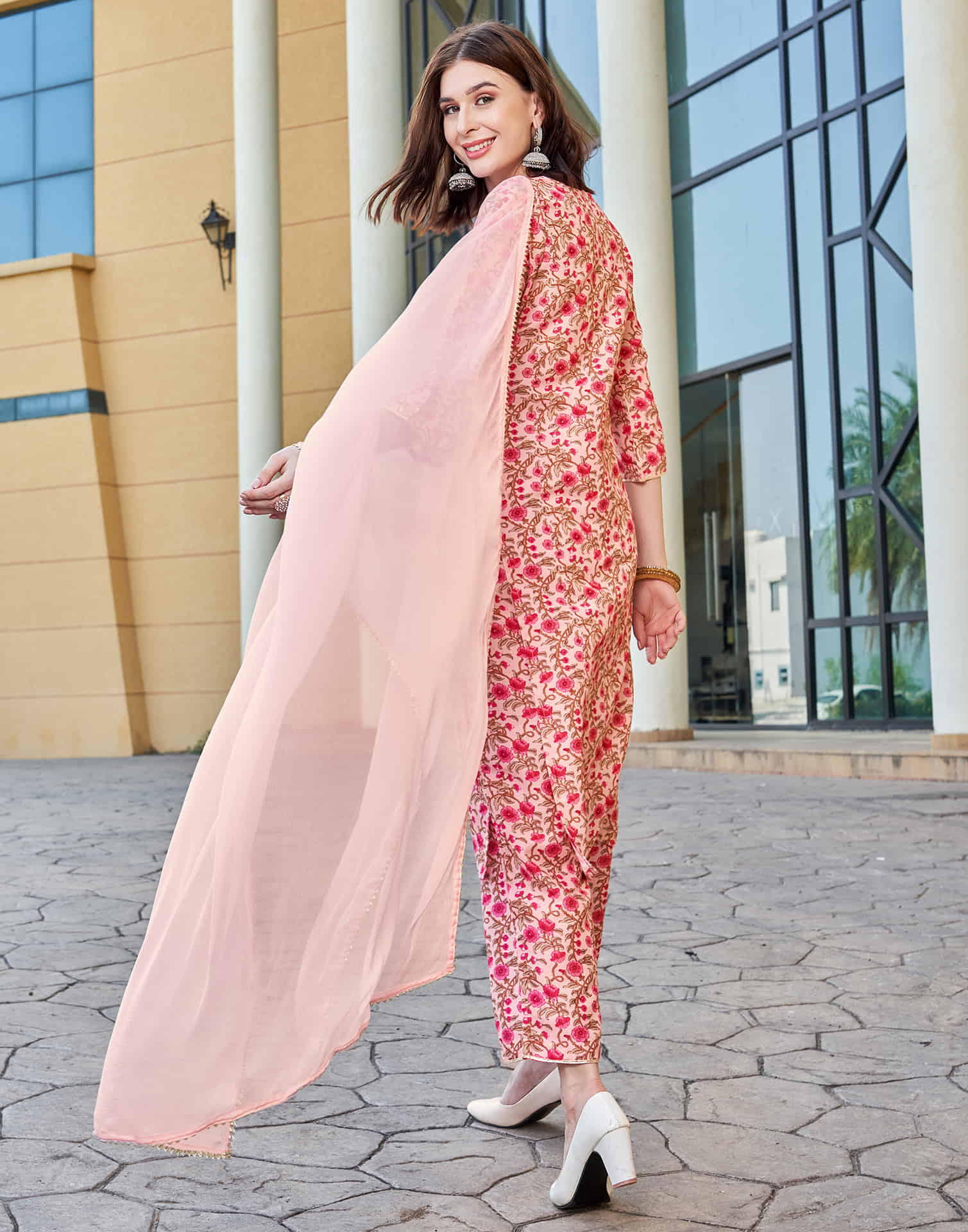 Light Pink Printed Rayon Straight Kurta With Pant And Dupatta